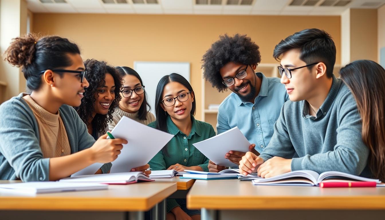 Students studying together in modern classroom